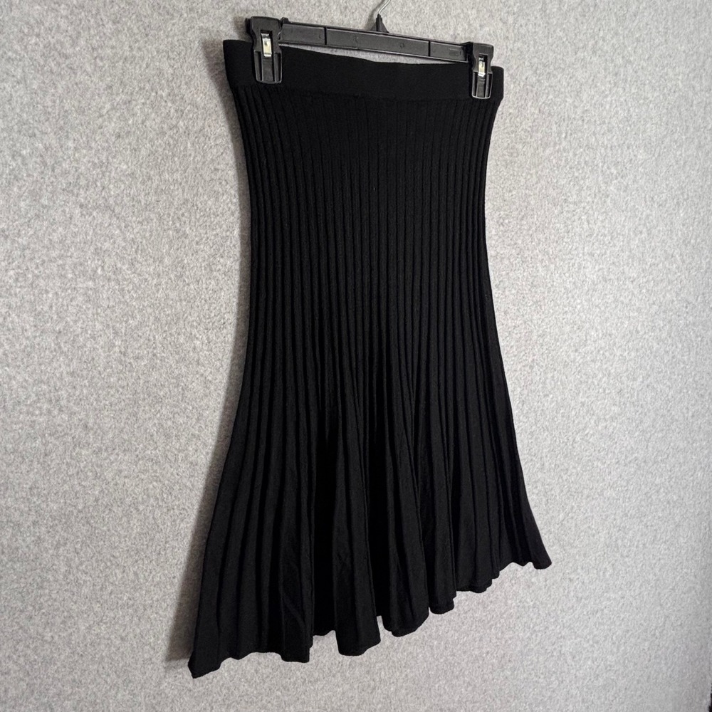 Premise Knit Ribbed Pleated Midi Skirt Medium Black Flare Pull On Swing Minimal